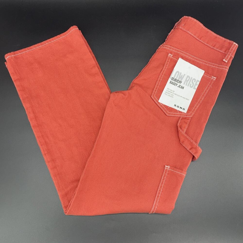 NWT S.O.N.G. Womens 0/24 Orange Cargo Carpenter Low Rise Jeans Y2K Slouchy Baggy